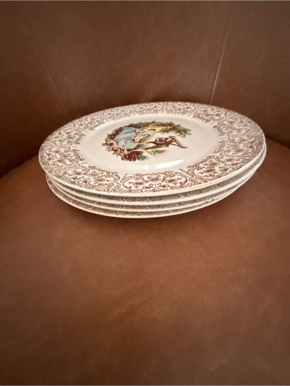 Triumph of 4 Cream and Brown Scenic Border Dinner Plates Set